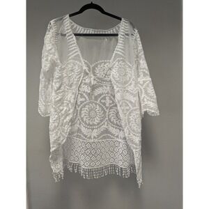 White Sheer Lace Crochet Beach Cover Up Womens XL Boho Embroidered Tunic Top